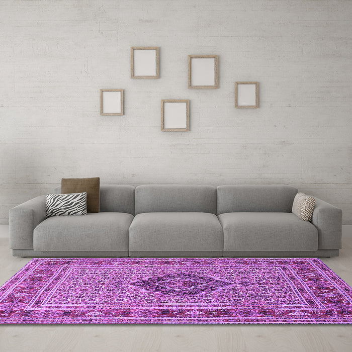 Machine Washable Medallion Purple Traditional Area Rugs in a Living Room, wshtr1418pur
