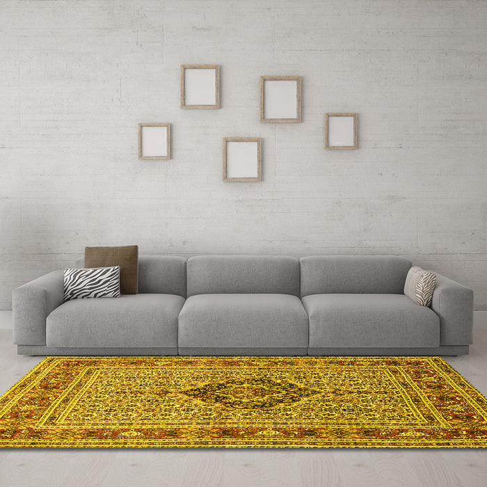 Machine Washable Medallion Yellow Traditional Rug in a Living Room, wshtr1418yw