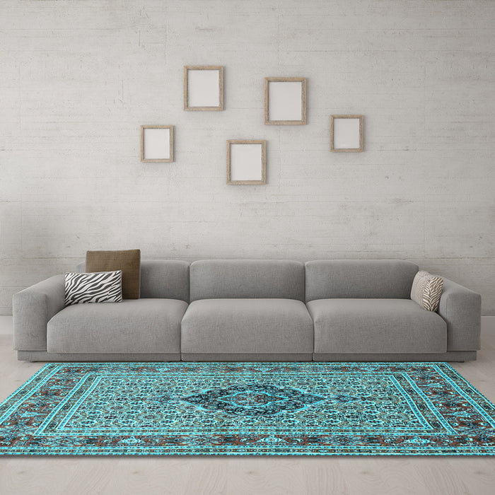 Machine Washable Medallion Light Blue Traditional Rug in a Living Room, wshtr1418lblu