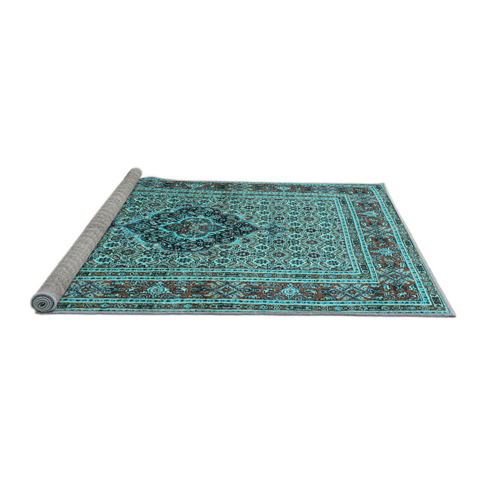 Sideview of Machine Washable Medallion Light Blue Traditional Rug, wshtr1418lblu