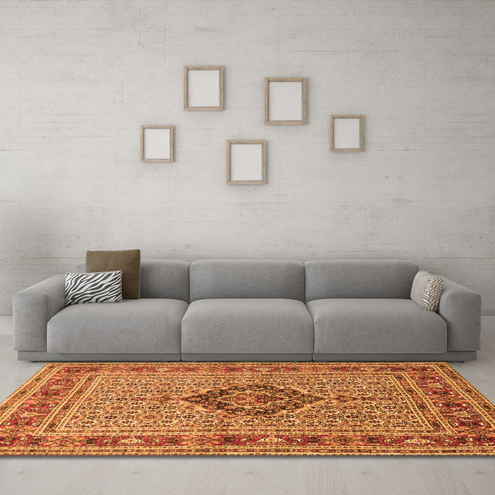 Machine Washable Medallion Orange Traditional Area Rugs in a Living Room, wshtr1418org