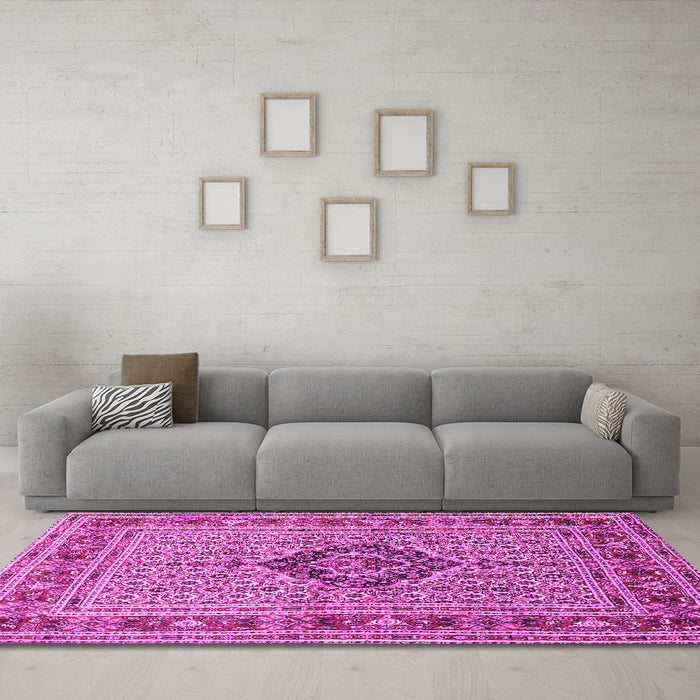 Machine Washable Medallion Pink Traditional Rug in a Living Room, wshtr1418pnk