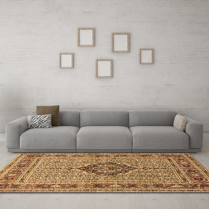 Machine Washable Medallion Brown Traditional Rug in a Living Room,, wshtr1418brn