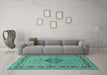 Machine Washable Medallion Turquoise Traditional Area Rugs in a Living Room,, wshtr1418turq