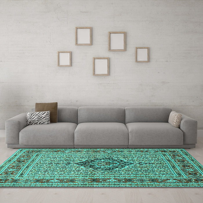 Machine Washable Medallion Turquoise Traditional Area Rugs in a Living Room,, wshtr1418turq