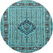 Round Machine Washable Medallion Light Blue Traditional Rug, wshtr1418lblu