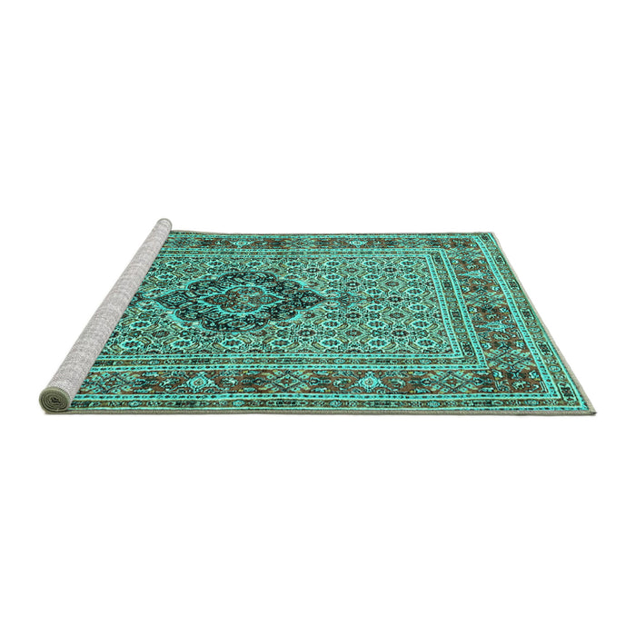 Sideview of Machine Washable Medallion Turquoise Traditional Area Rugs, wshtr1418turq