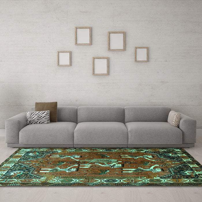 Machine Washable Persian Turquoise Traditional Area Rugs in a Living Room,, wshtr1419turq