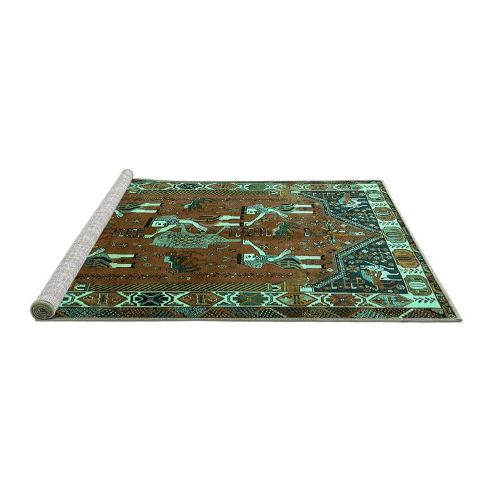 Sideview of Machine Washable Persian Turquoise Traditional Area Rugs, wshtr1419turq