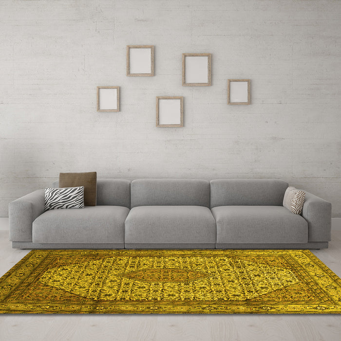 Machine Washable Medallion Yellow Traditional Rug in a Living Room, wshtr141yw