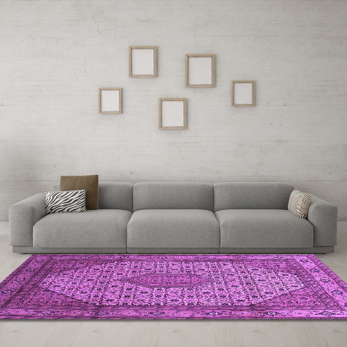 Machine Washable Medallion Purple Traditional Area Rugs in a Living Room, wshtr141pur
