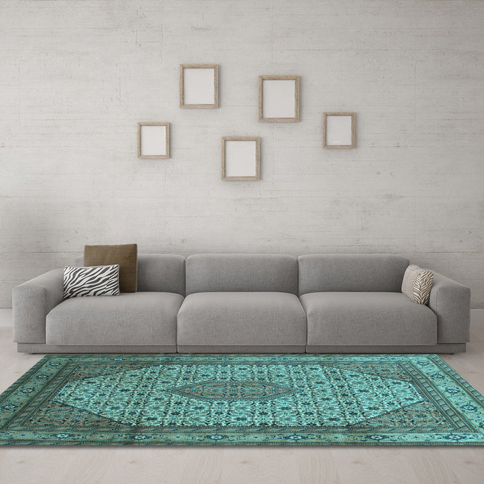 Machine Washable Medallion Light Blue Traditional Rug in a Living Room, wshtr141lblu
