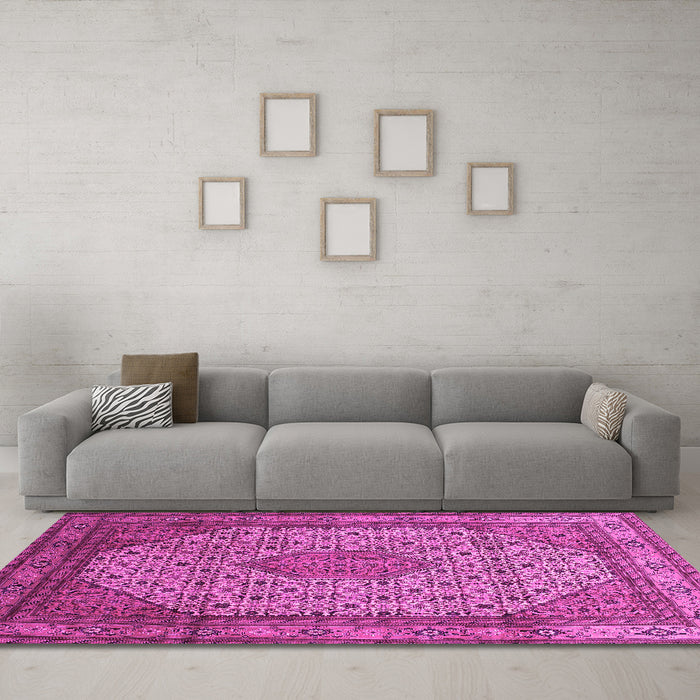 Machine Washable Medallion Pink Traditional Rug in a Living Room, wshtr141pnk