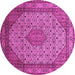 Round Machine Washable Medallion Pink Traditional Rug, wshtr141pnk