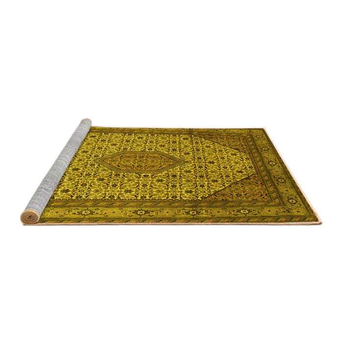 Sideview of Machine Washable Medallion Yellow Traditional Rug, wshtr141yw