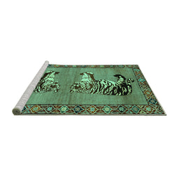 Sideview of Machine Washable Persian Turquoise Traditional Area Rugs, wshtr1421turq