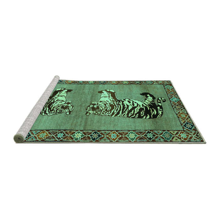 Sideview of Machine Washable Persian Turquoise Traditional Area Rugs, wshtr1421turq