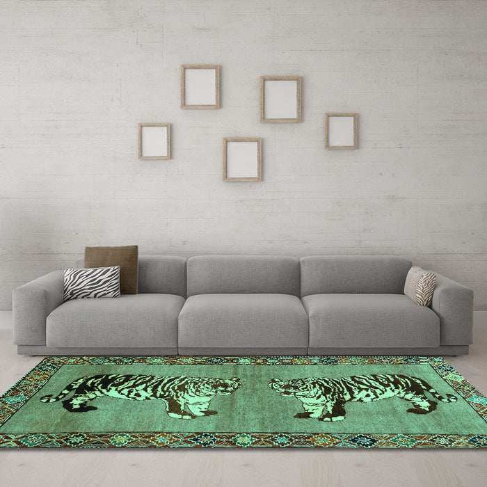 Machine Washable Persian Turquoise Traditional Area Rugs in a Living Room,, wshtr1421turq