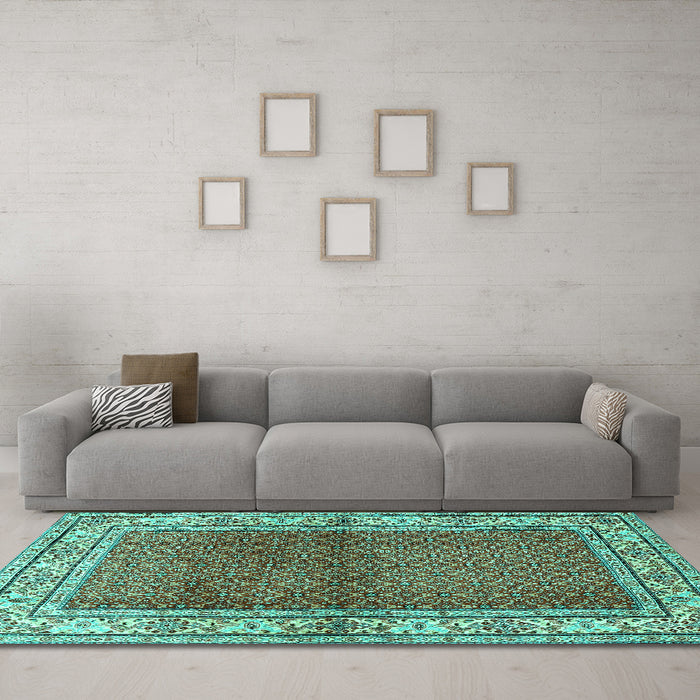 Machine Washable Persian Turquoise Traditional Area Rugs in a Living Room,, wshtr1422turq