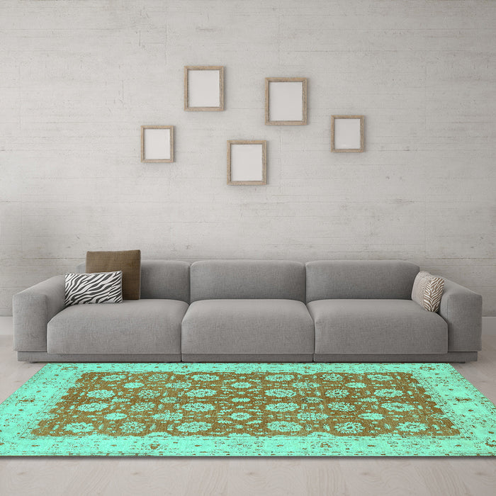 Machine Washable Oriental Turquoise Traditional Area Rugs in a Living Room,, wshtr1423turq