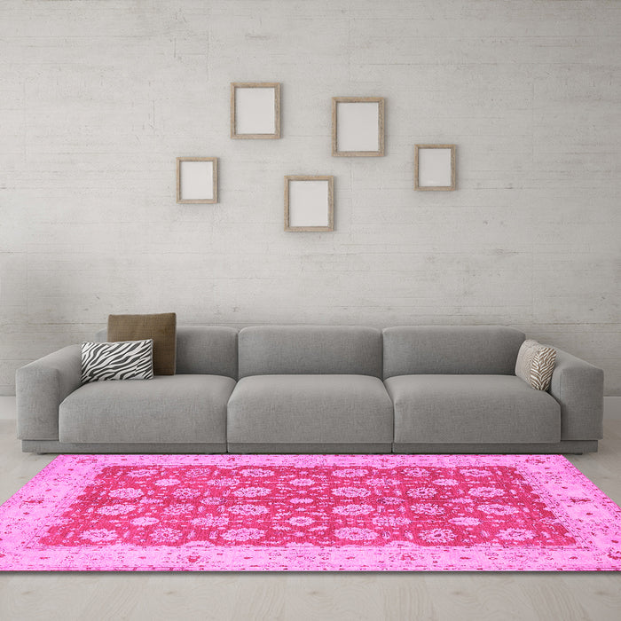 Machine Washable Oriental Pink Traditional Rug in a Living Room, wshtr1423pnk