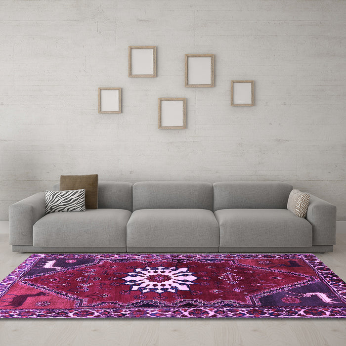 Machine Washable Persian Purple Traditional Area Rugs in a Living Room, wshtr1424pur