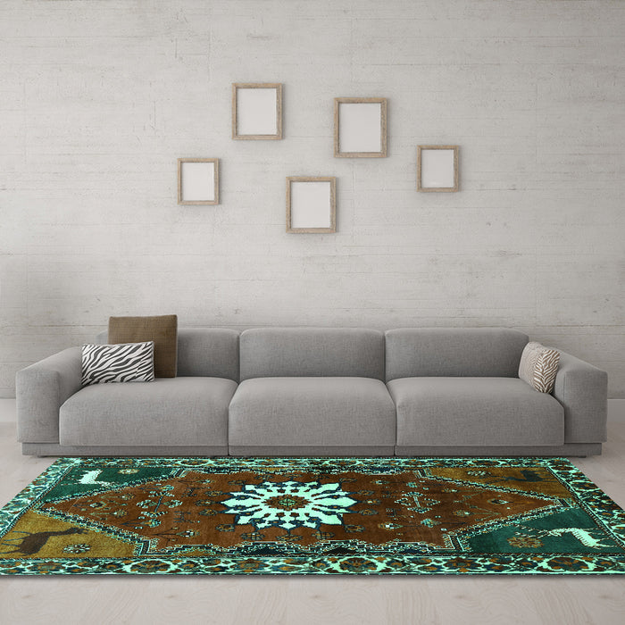 Machine Washable Persian Turquoise Traditional Area Rugs in a Living Room,, wshtr1424turq