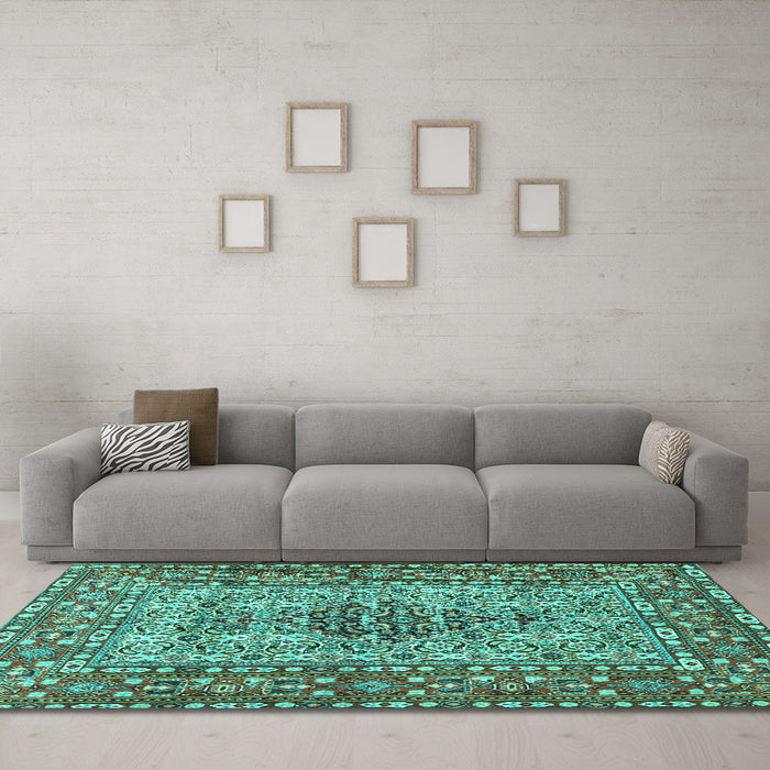 Machine Washable Persian Turquoise Traditional Area Rugs in a Living Room,, wshtr1426turq