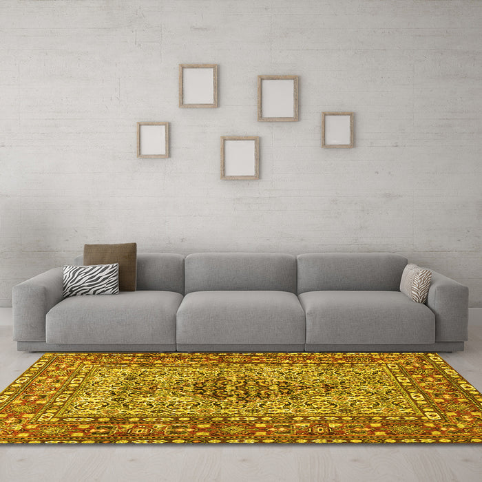Machine Washable Persian Yellow Traditional Rug in a Living Room, wshtr1426yw