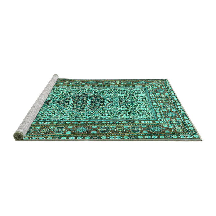 Sideview of Machine Washable Persian Turquoise Traditional Area Rugs, wshtr1426turq