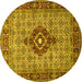 Round Machine Washable Medallion Yellow Traditional Rug, wshtr1427yw