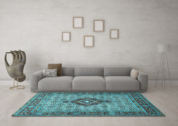 Machine Washable Medallion Light Blue Traditional Rug in a Living Room, wshtr1427lblu