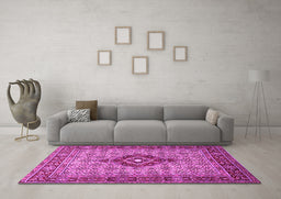 Machine Washable Medallion Pink Traditional Rug in a Living Room, wshtr1427pnk