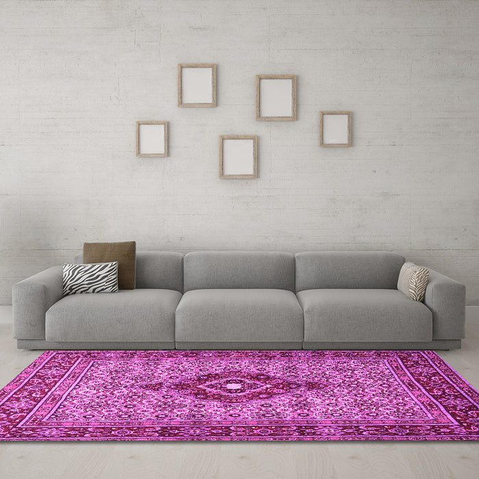Machine Washable Medallion Pink Traditional Rug in a Living Room, wshtr1427pnk