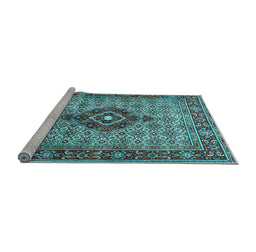 Sideview of Machine Washable Medallion Light Blue Traditional Rug, wshtr1427lblu