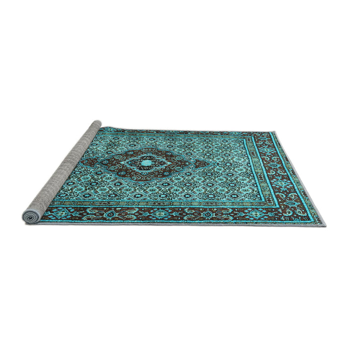 Sideview of Machine Washable Medallion Light Blue Traditional Rug, wshtr1427lblu