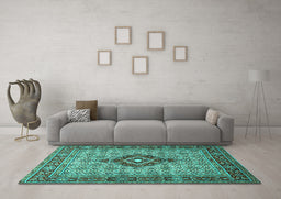 Machine Washable Medallion Turquoise Traditional Area Rugs in a Living Room,, wshtr1427turq
