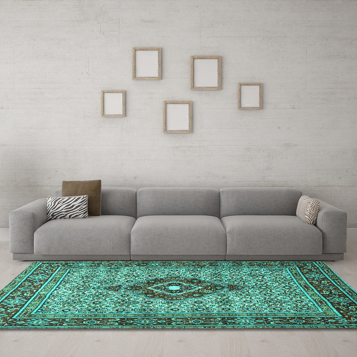 Machine Washable Medallion Turquoise Traditional Area Rugs in a Living Room,, wshtr1427turq