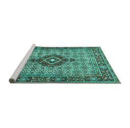Sideview of Machine Washable Medallion Turquoise Traditional Area Rugs, wshtr1427turq