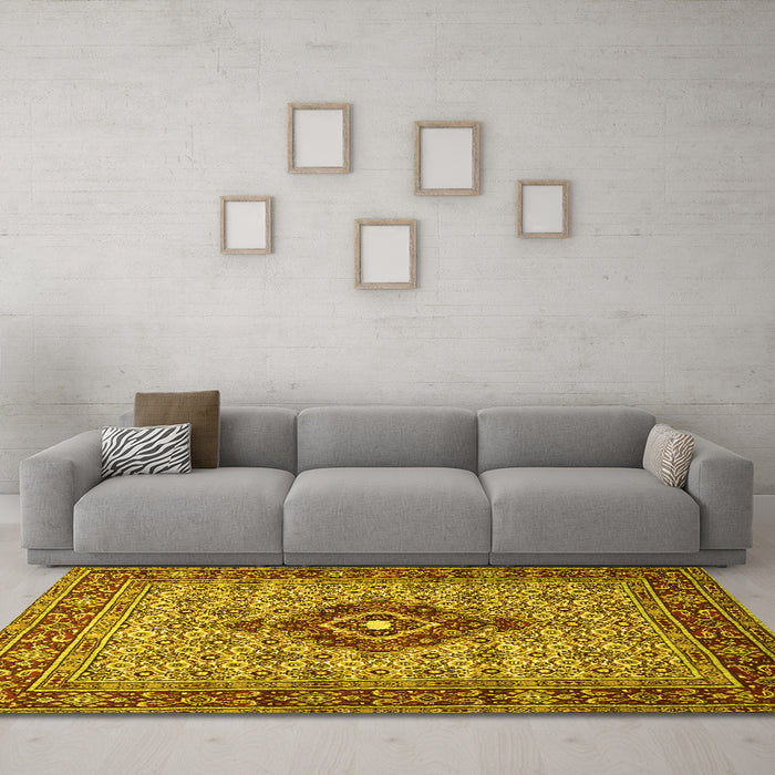 Machine Washable Medallion Yellow Traditional Rug in a Living Room, wshtr1427yw