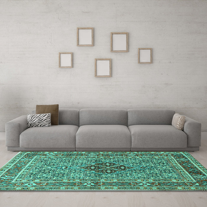 Machine Washable Persian Turquoise Traditional Area Rugs in a Living Room,, wshtr1428turq