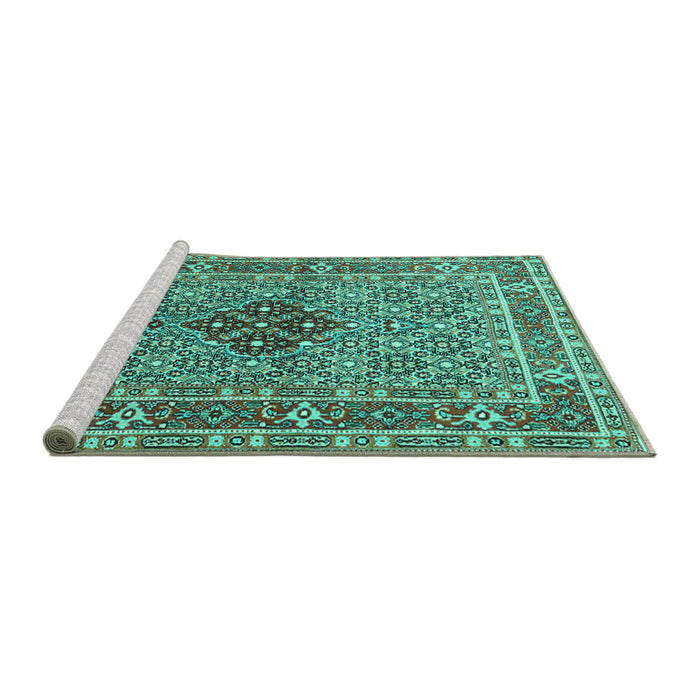 Sideview of Machine Washable Persian Turquoise Traditional Area Rugs, wshtr1428turq