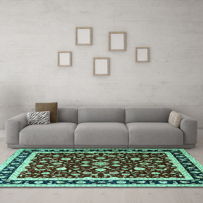 Machine Washable Persian Turquoise Traditional Area Rugs in a Living Room,, wshtr1429turq