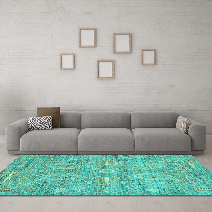 Machine Washable Persian Turquoise Traditional Area Rugs in a Living Room,, wshtr142turq