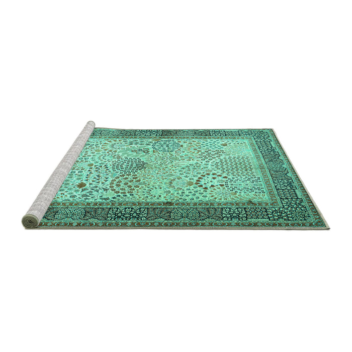 Sideview of Machine Washable Persian Turquoise Traditional Area Rugs, wshtr1430turq