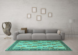 Machine Washable Persian Turquoise Traditional Area Rugs in a Living Room,, wshtr1431turq