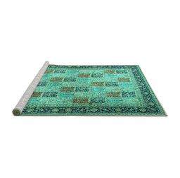 Sideview of Machine Washable Persian Turquoise Traditional Area Rugs, wshtr1431turq