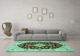 Machine Washable Medallion Turquoise Traditional Area Rugs in a Living Room,, wshtr1432turq