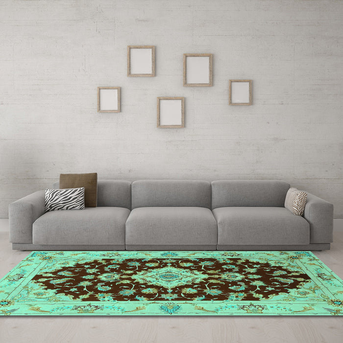 Machine Washable Medallion Turquoise Traditional Area Rugs in a Living Room,, wshtr1432turq