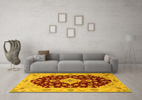 Machine Washable Medallion Yellow Traditional Rug, wshtr1432yw